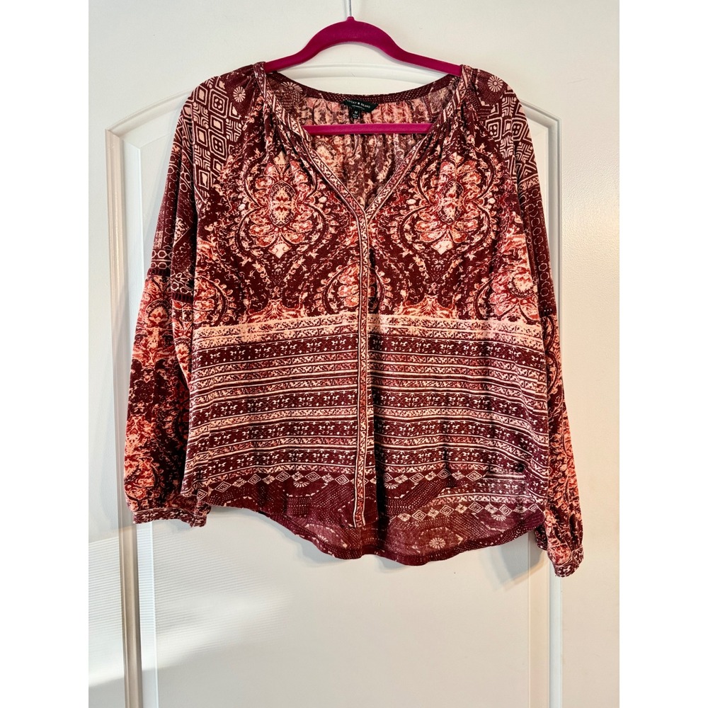 Lucky Brand Peasant Top M Burgundy Paisley Boho Blouse Festival Hippie Ethereal